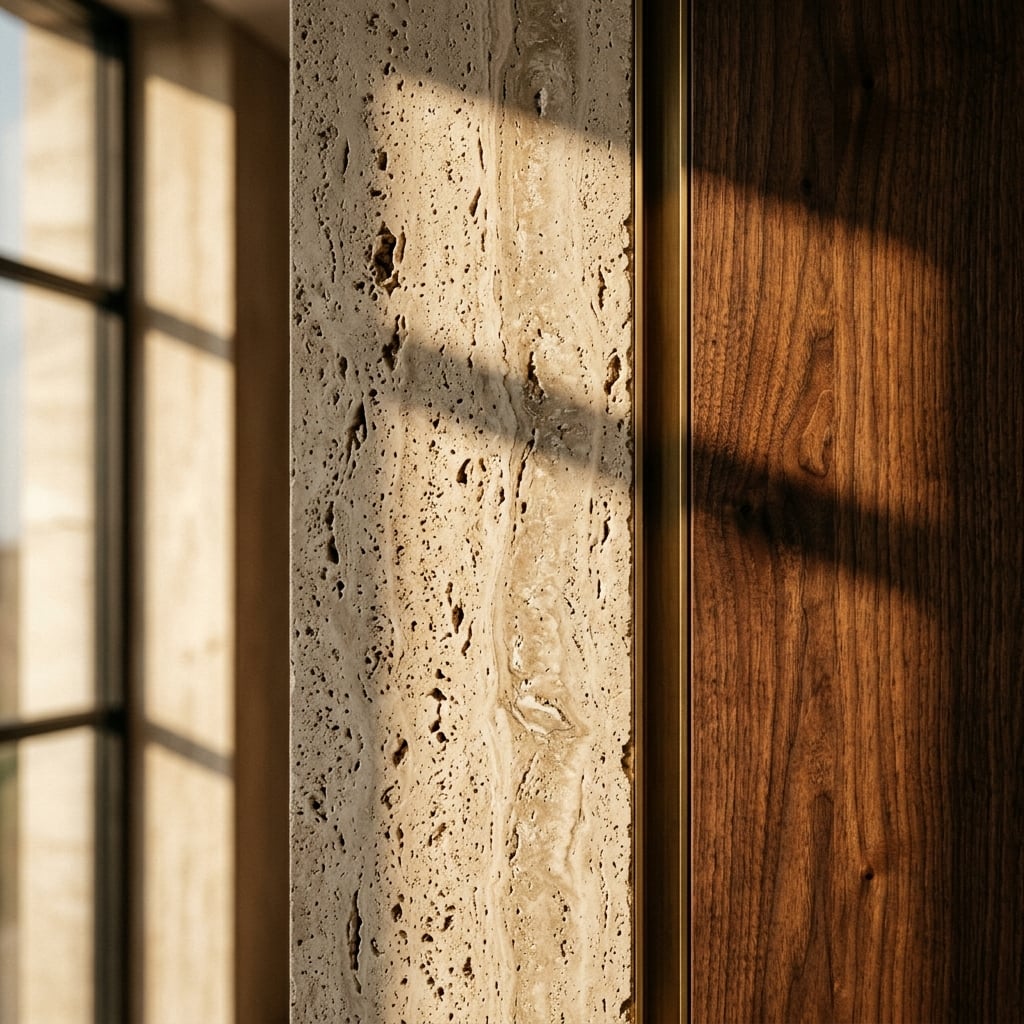 Architectural detail — travertine stone meets walnut wood, warm afternoon light